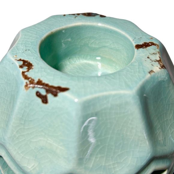 Light Teal and Brown Glazed Abstract Ceramic Votive Candle Holder - Picture 4 of 7